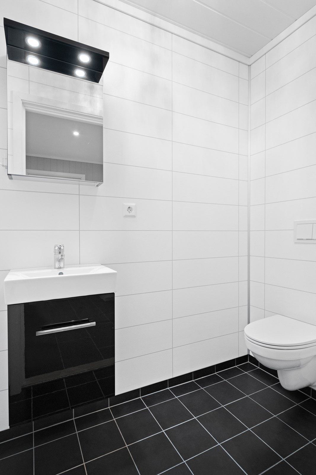 Toalettrom utstyrt med vegghengt toalett, innredning med heldekkende servant og speilskap. Galleribilde