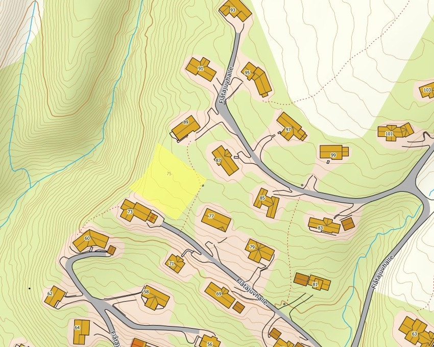 Tomten er på 1247kvm og er den siste ubebygde tomten i øverste del av feltet Galleribilde