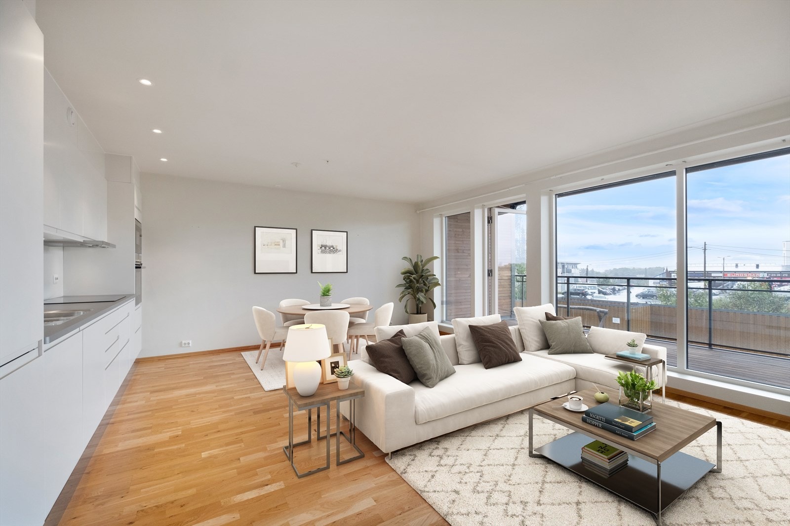 Fra stuen er det utgang til veranda. Stuen er digitalt stylet Galleribilde