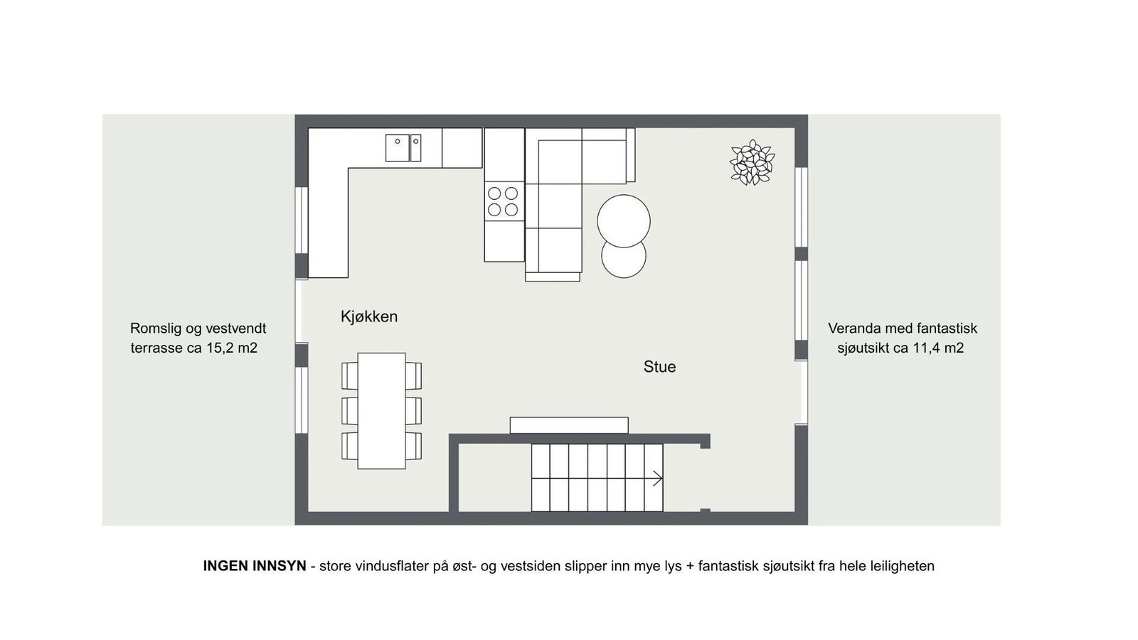 Planløsning 2 etasje - fantastisk sjøutsikt fra hele leiligheten Galleribilde
