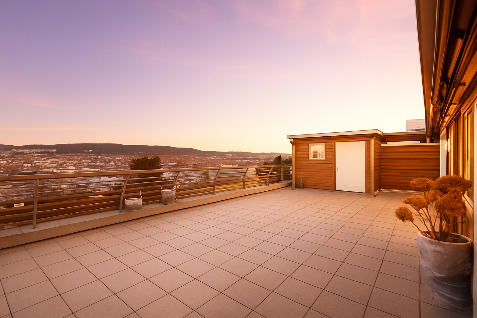 Takterrassen har en praktisk og romslig bod.
Bildet er redigert for å fremheve stemningen på kveldstid. Faktiske lysforhold kan variere. Galleribilde