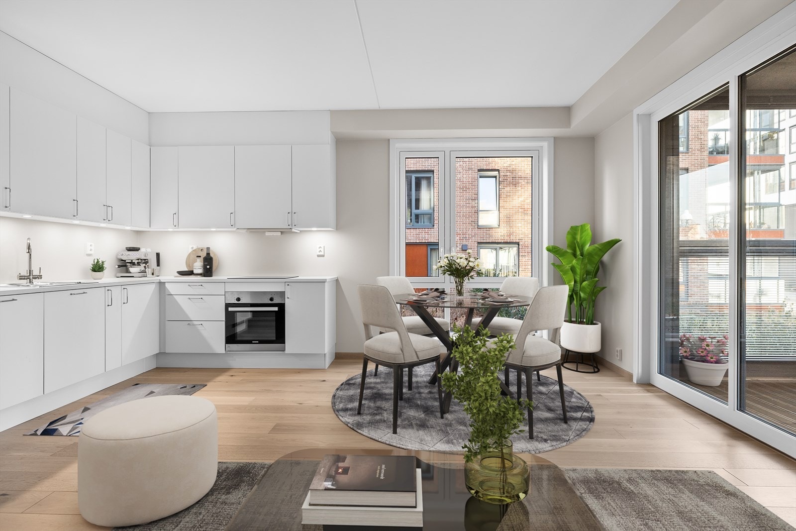 Stue og kjøkken i åpen løsning. Flott kjøkken med HTH innredning og integrerte hvitevarer. (Digital styling) Galleribilde