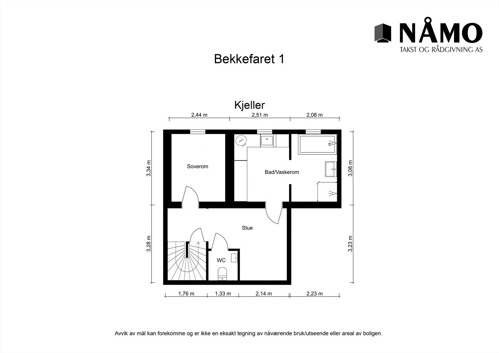 Plantegning kjeller. Kjeller er ikke godkjent for varig opphold da takhøyden er under 2 m. Ble målt takhøyde mellom 1.95 og 1.97 m Galleribilde