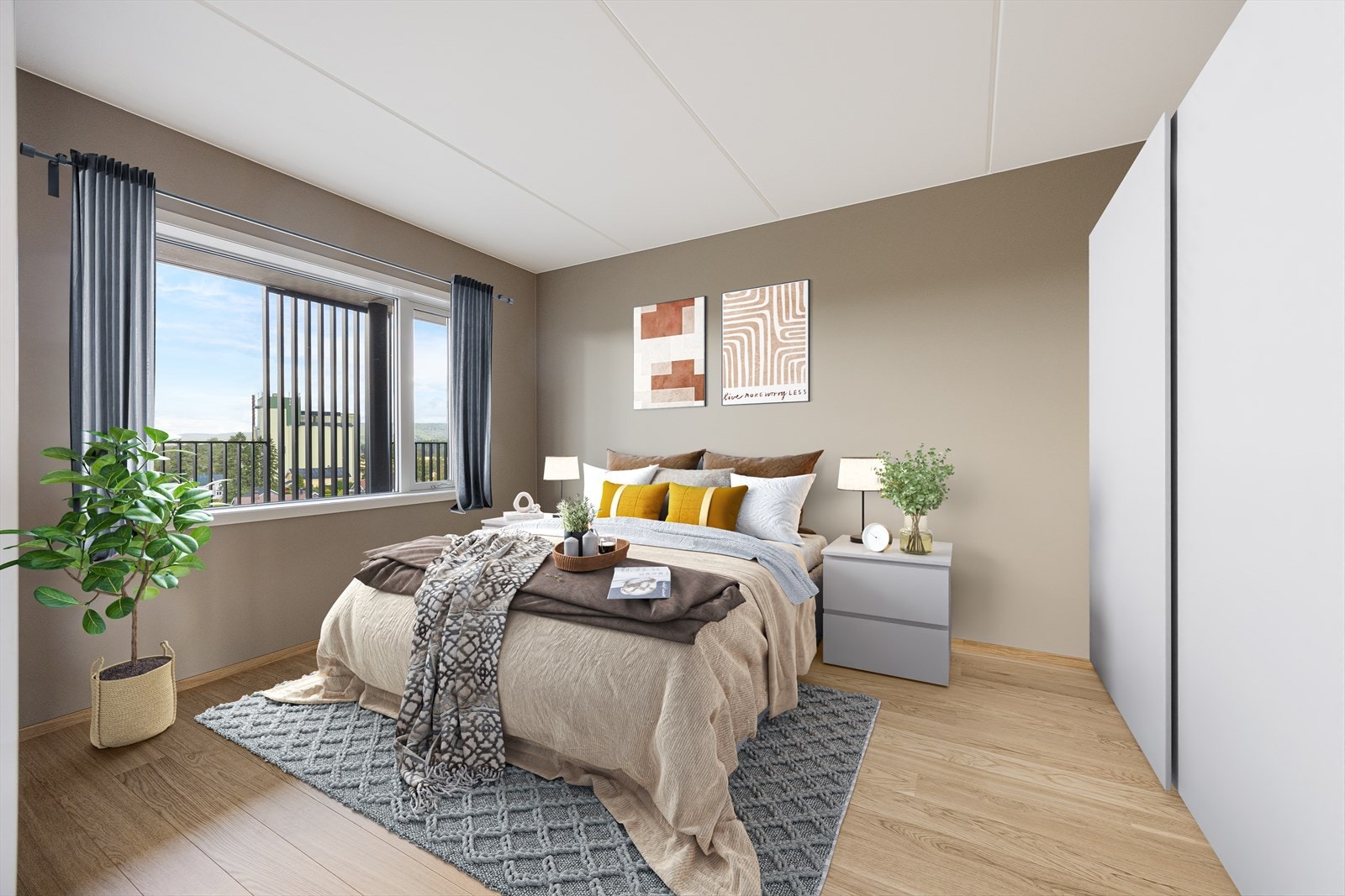 Det er to pene soverom i leiligheten, og begge har god plass til seng og oppbevaringsmøbler (bildet er digitalt stylet) Galleribilde