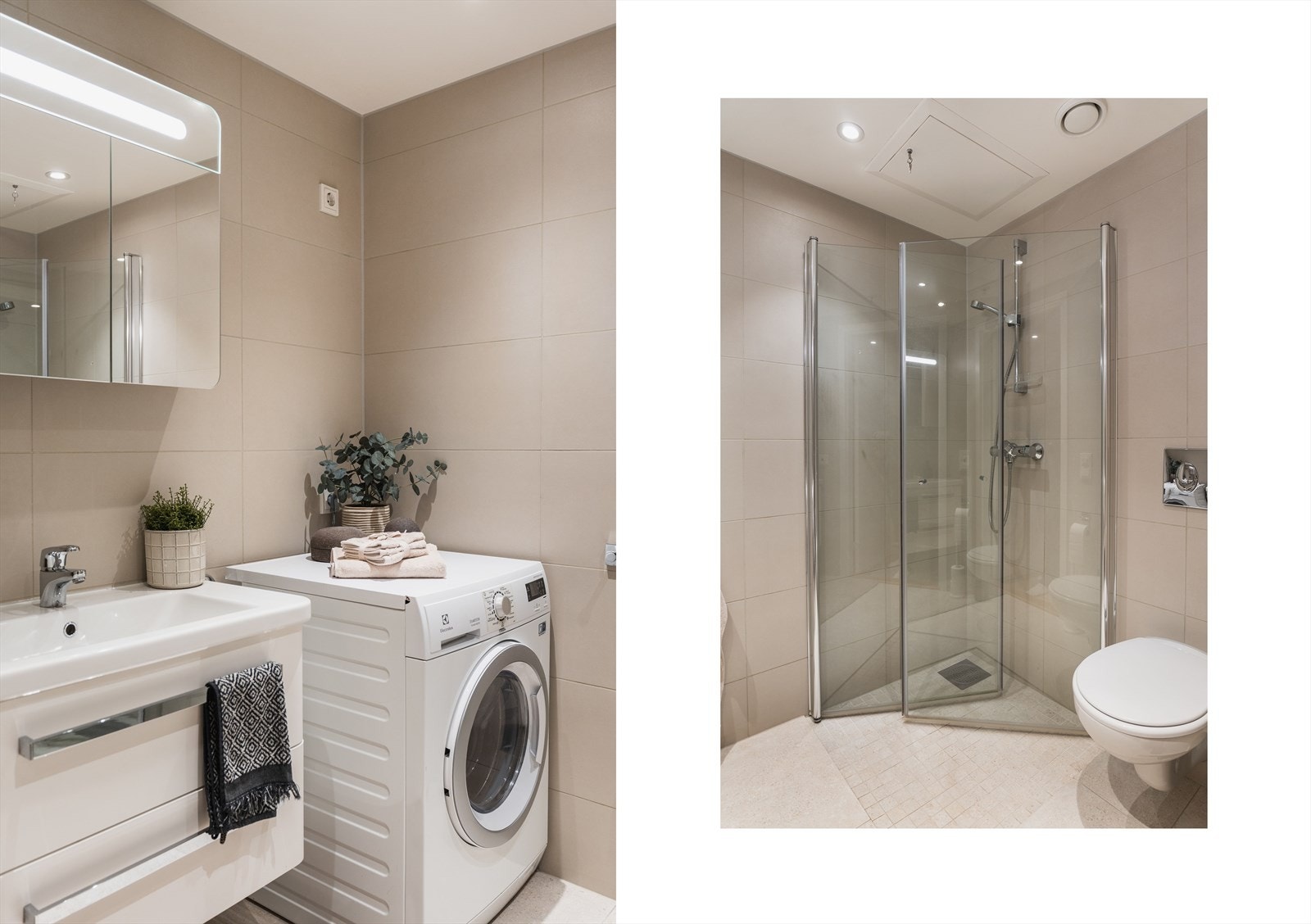 Badet er innredet med veggmontert wc, dusjhjørne med innfellbare dusjdører, mekanisk avtrekk og servantskap Galleribilde