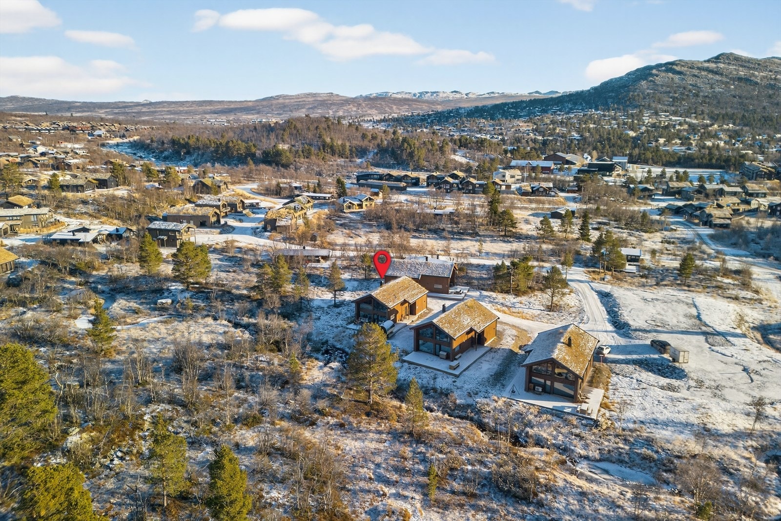 Flott hytte med moderne linjer og torvtak Galleribilde