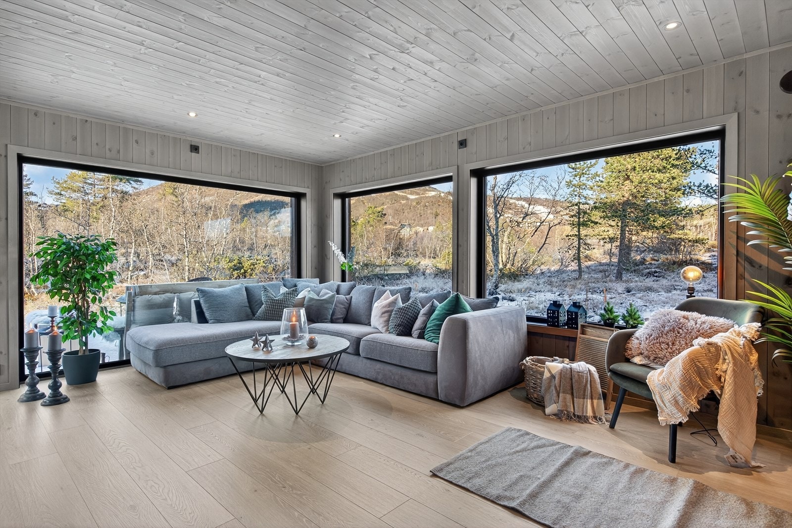 Herlig lys stue med store vindusflater mot friområde og utgang til terrasse mot vest Galleribilde