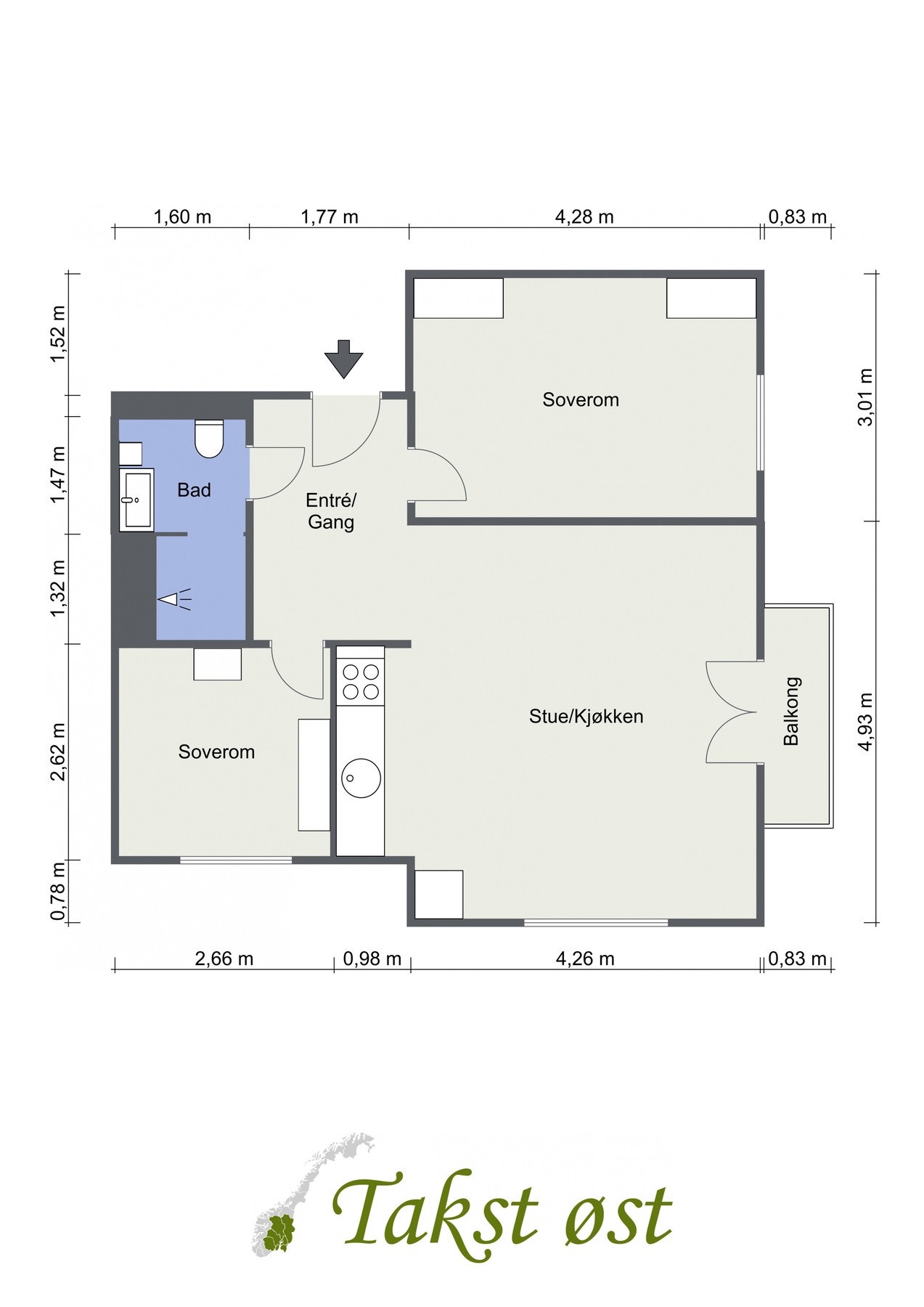 Plantegning. I tillegg disponerer leiligheten en kjellerbod på ca. 3,7 kvm. Galleribilde