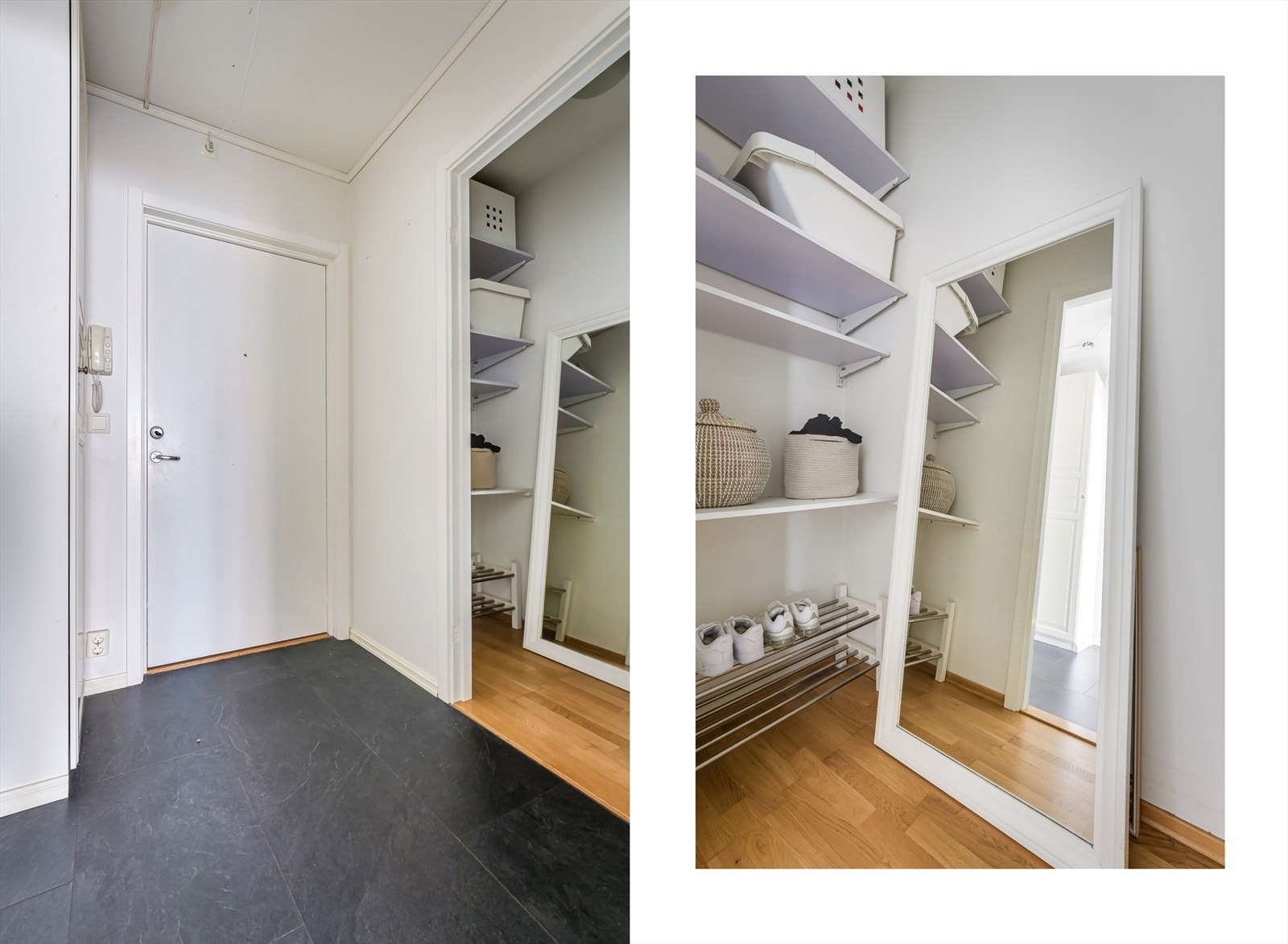 Lys og innbydende entré med god plass til både sko og yttertøy. I tilknytning til entréen finner du et praktisk omkledningsrom med rikelig oppbevaringsplass - ideelt for en ryddig og funksjonell hverdag. Galleribilde