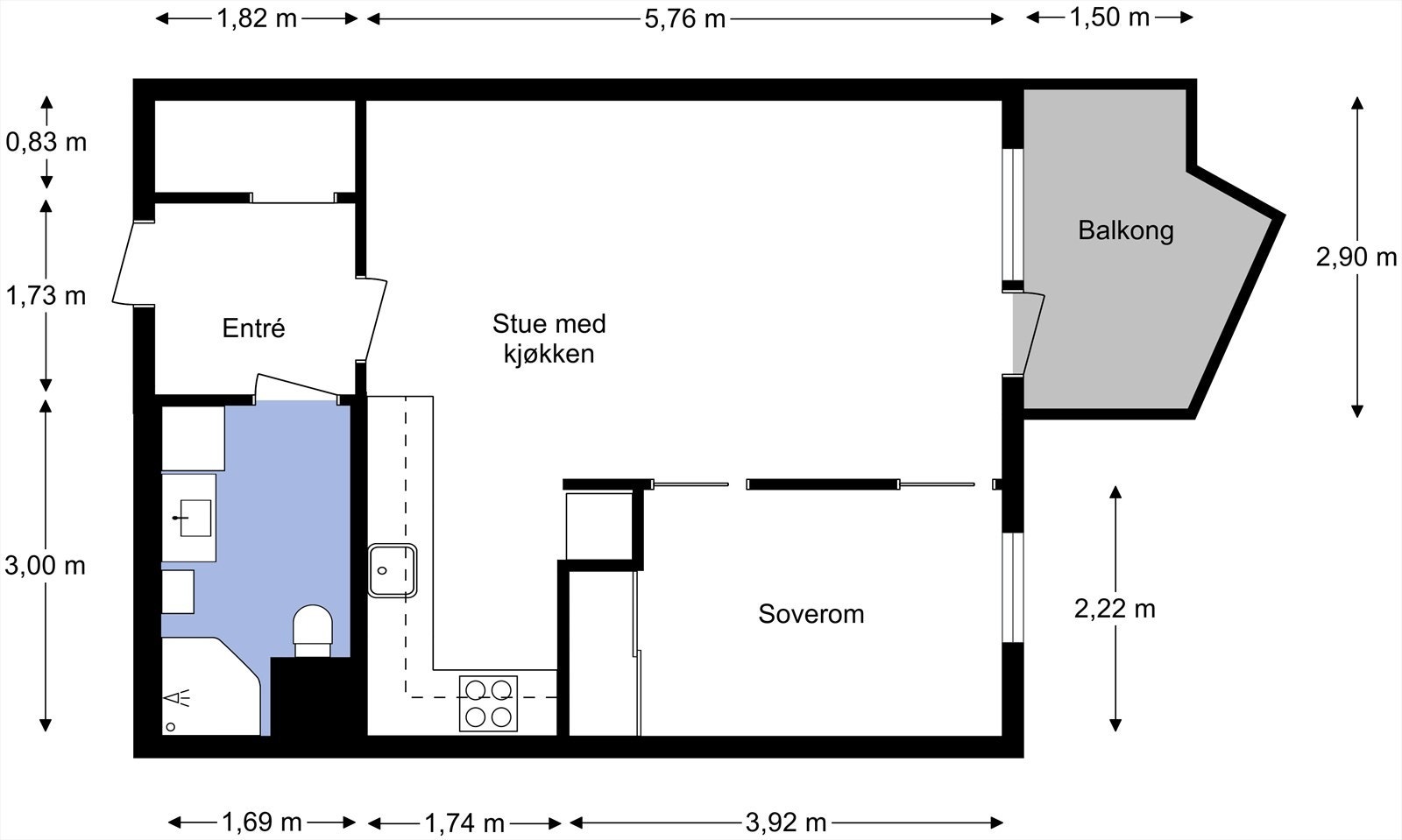 Leiligheten ligger i 2. etasje og inneholder entré med garderobe, stue med kjøkken og utgang til balkong, bad og soverom. I tillegg disponerer leiligheten en kjellerbod. Galleribilde