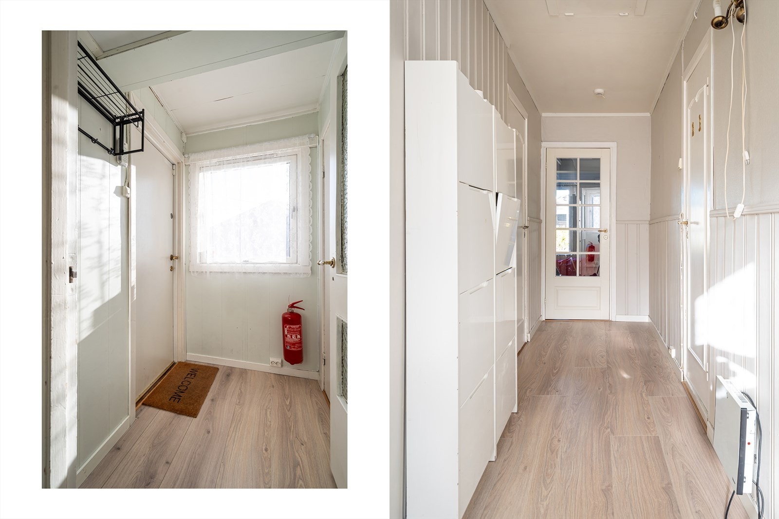 Innenfor venter et vindfang med enstavs laminatgulv, lysmalte vegger, stort vindu og plass til å henge fra seg yttertøyet. Vindfanget har trapp ned til kjelleren og videre adkomst til en gang innredet med skoskap. Galleribilde