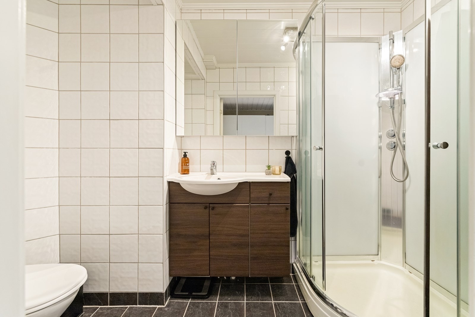 Det er utstyrt med dusjkabinett, toalett og moderne innredning med servant, underskap, speilskap og høyskap som gir godt med lagringsplass. Galleribilde