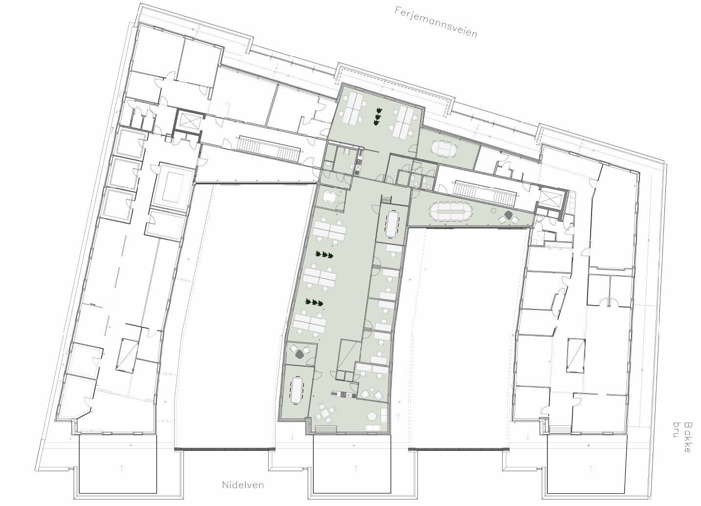 Forslag på møbleringsplan i arealet. Galleribilde