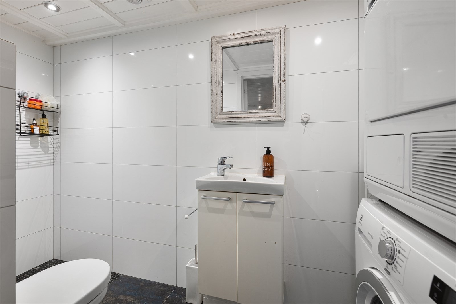 Rommet er utstyrt med dusjhjørne i glass, servant med underskap, veggmontert toalett og opplegg for vaskemaskin Galleribilde