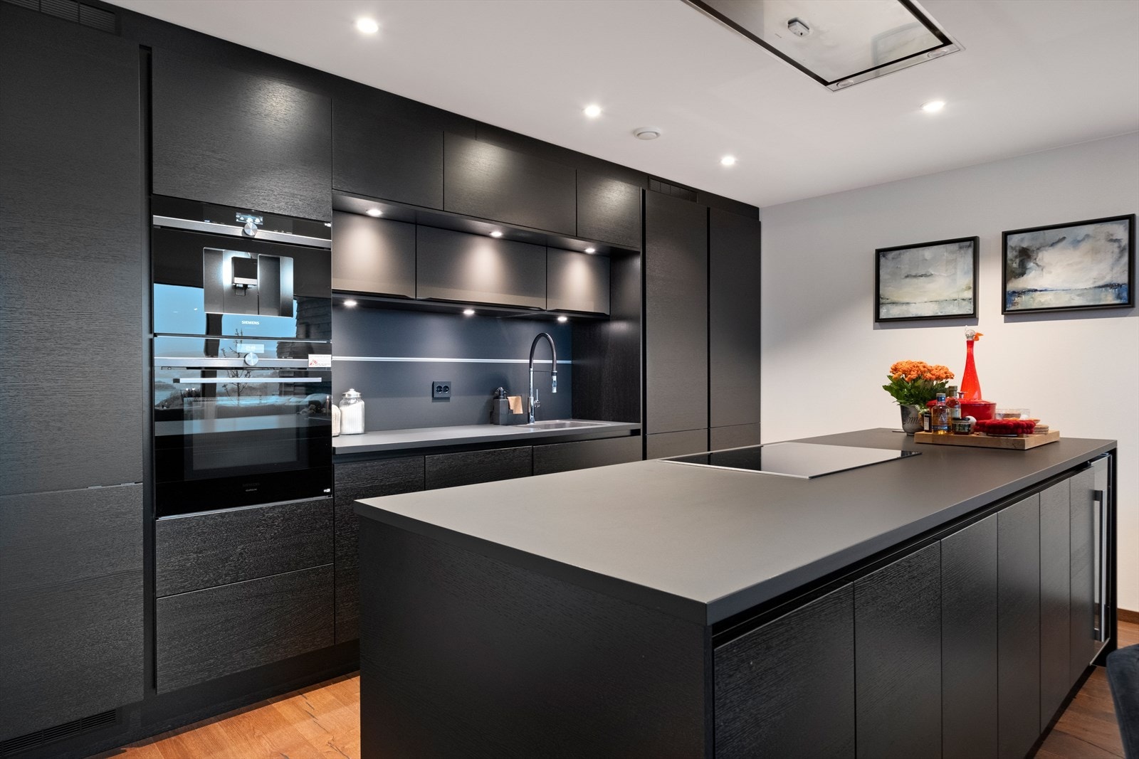 Det er integrert kjøleskap, fryseskap, oppvaskmaskin, induksjonstopp, vinskap, kaffemaskin og stekeovn med mikrobølgefunksjon. Galleribilde