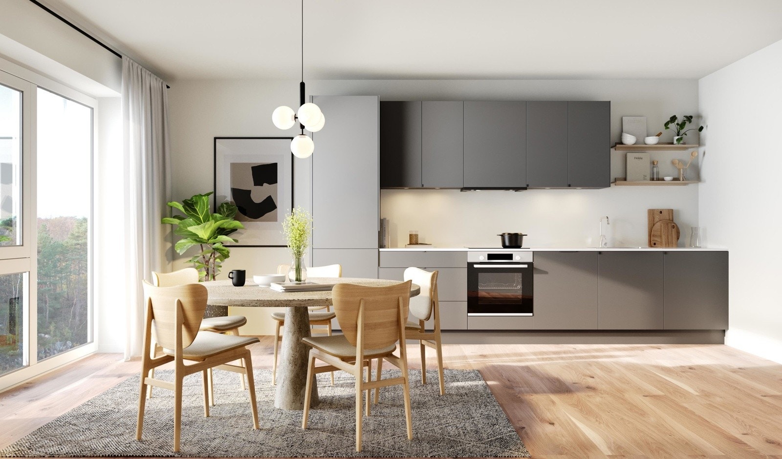 - Kjøkkenet som leveres av Sigdal, er komplett levert med integrerte hvitevarer - Galleribilde