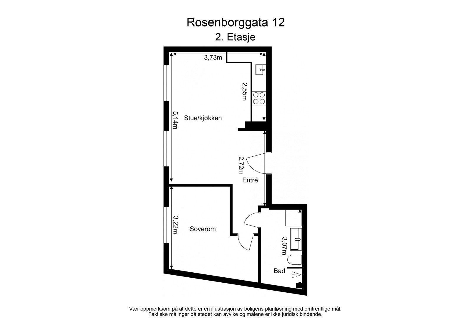 Plantegning. Leiligheten disponerer også en kjellerbod på ca. 2 kvm Galleribilde