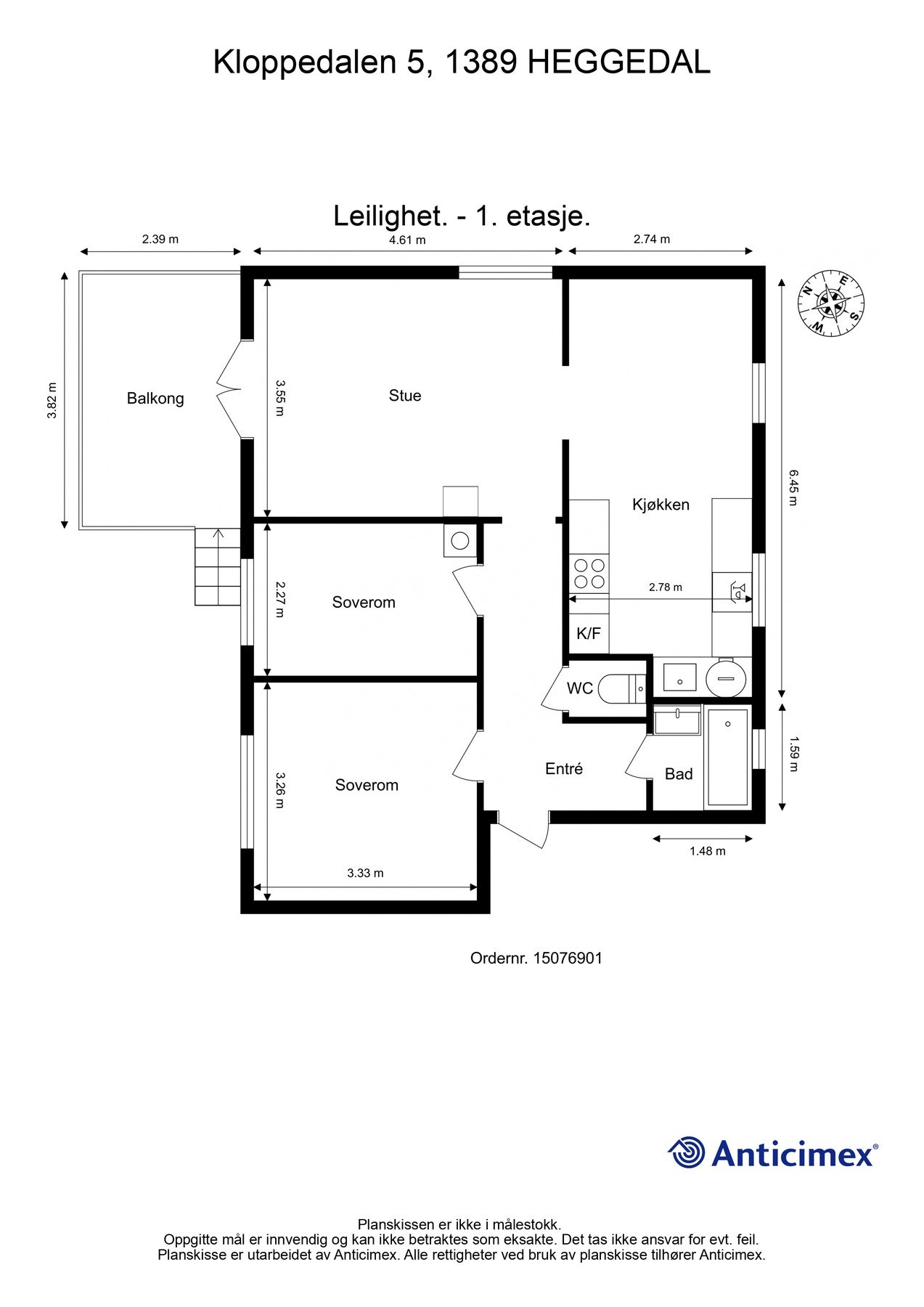 Leiligheten inneholder entré, bad, toalettrom, to soverom og stue/kjøkken. Galleribilde