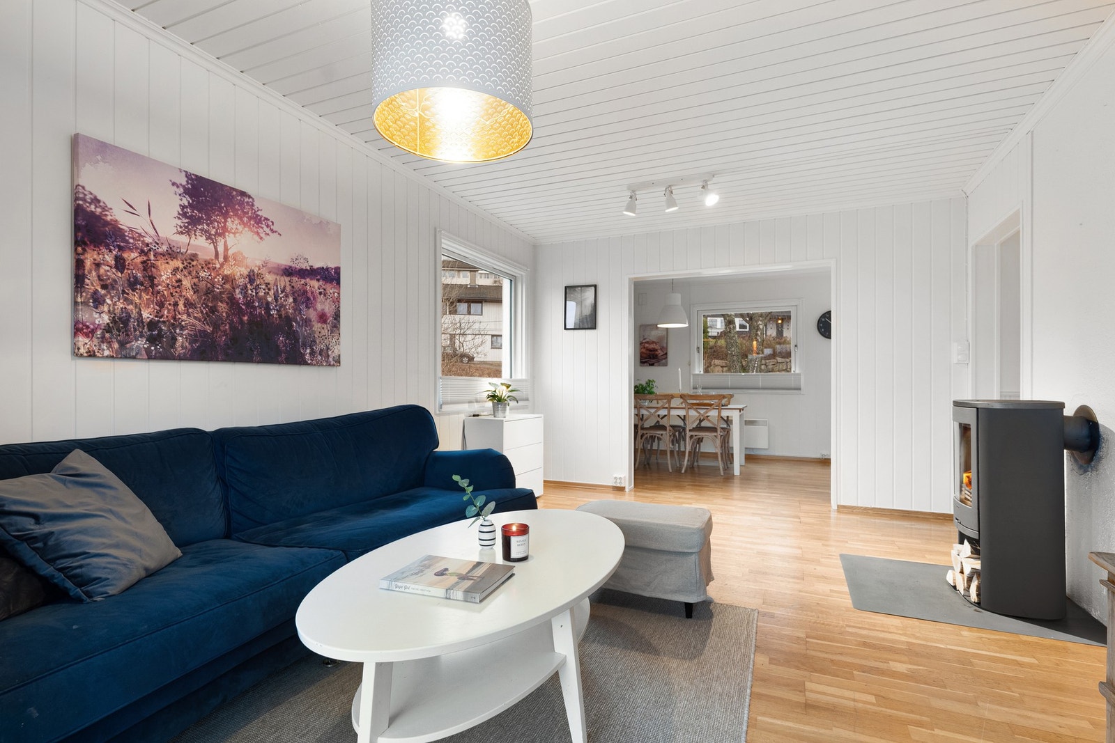 Den nyere peisovnen (2016) med glassdør skaper en lun stemning og gir rimelig oppvarming gjennom vinteren. Galleribilde