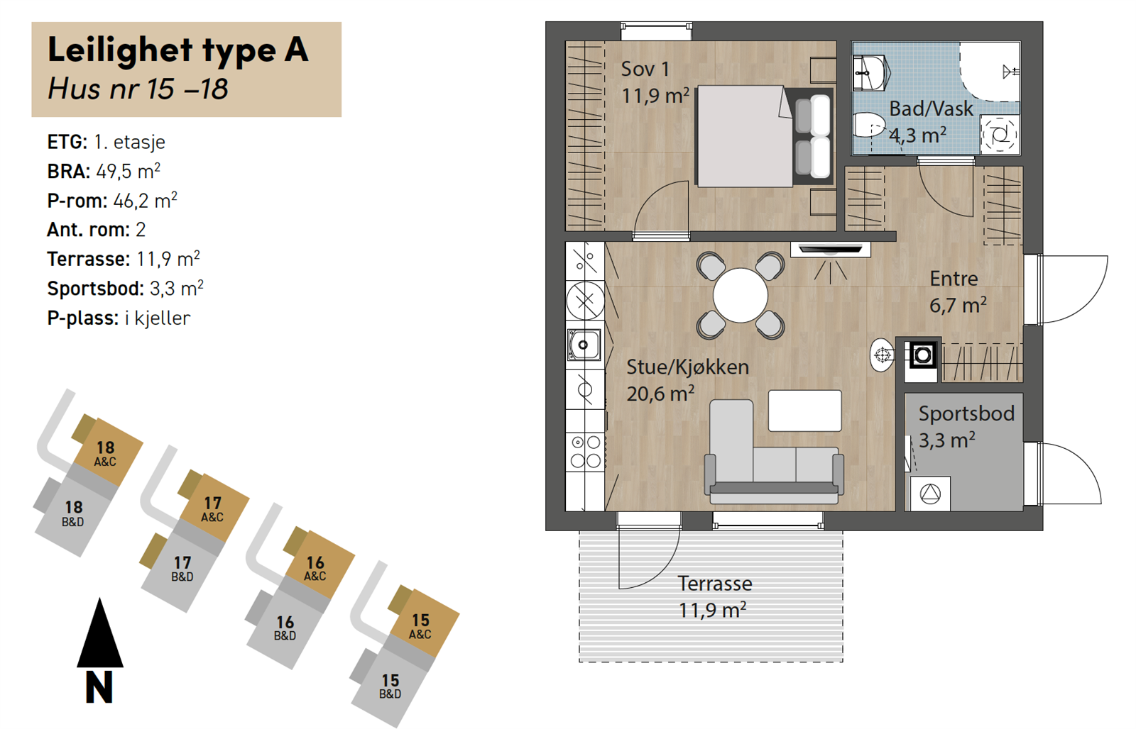 Plantegning av leiligheten som ligger fint til i 1. etasje. Galleribilde