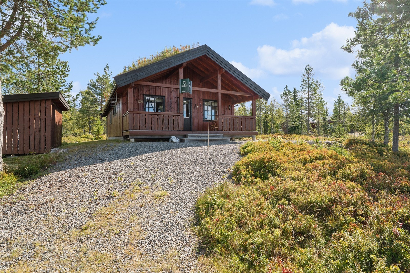 Gruset innkjøring til eiendommen som gir rom for flere parkeringsplasser. Galleribilde