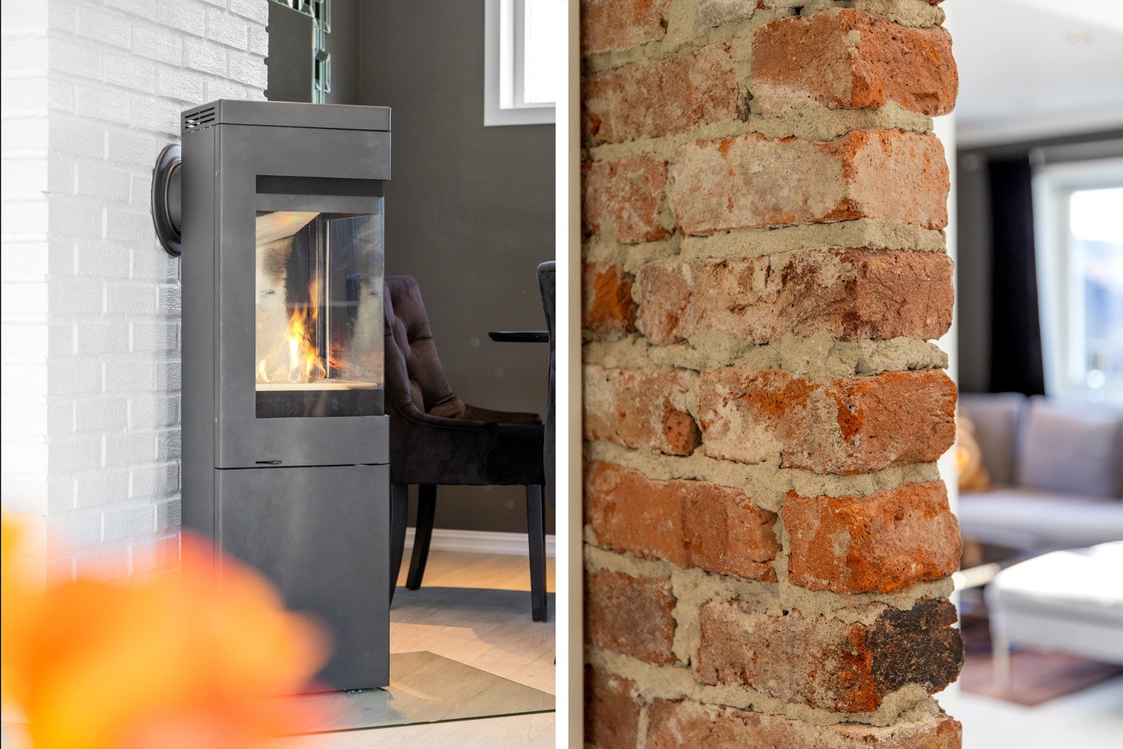 Teglsteinsveggen og peisen tilfører varme og karakter. Galleribilde