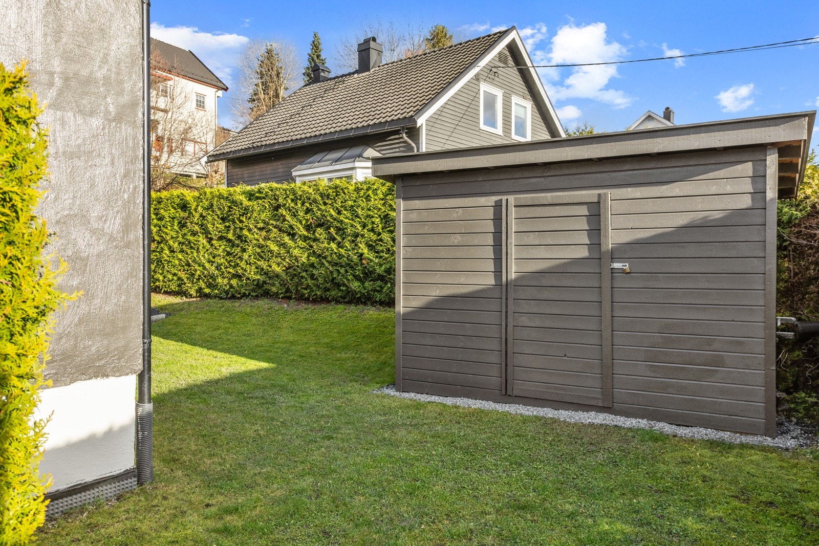 Praktisk utebod i hagen til hageredskaper. Hekk mot nabo. Galleribilde