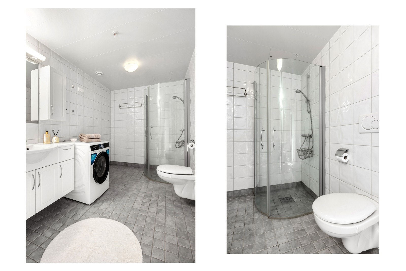 Badet er innredet med servant i baderomsinnredning, vegghengt toalett, dusjhjørne og opplegg for vaskemaskin. Galleribilde