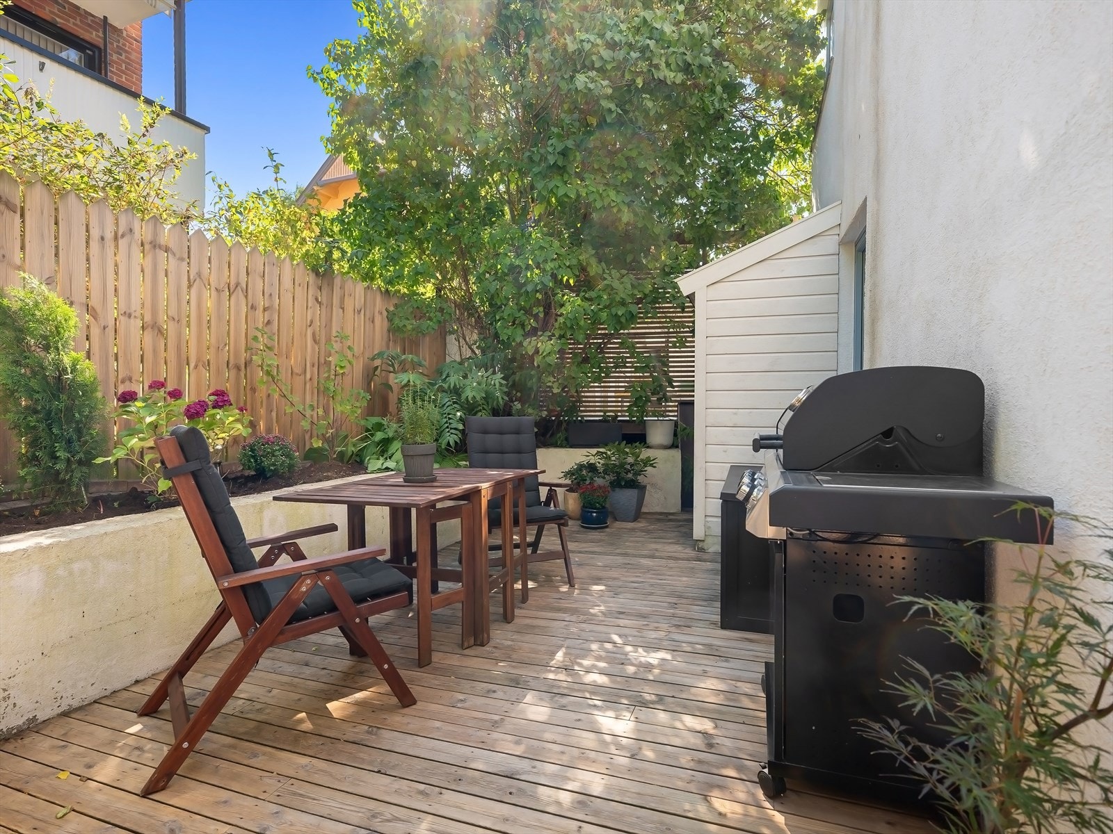 Skjermet terrasseplatting med plass til spisegruppe og grill, omgitt av frodig beplantning Galleribilde