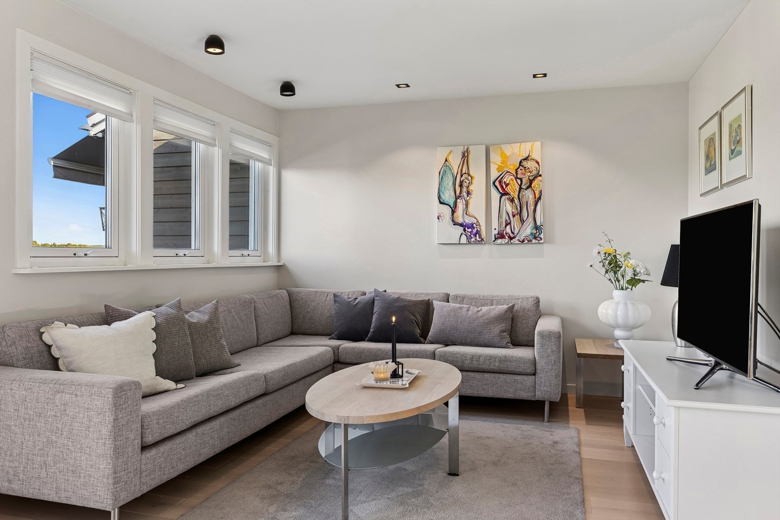 Naturlig TV-stue sone, stemningsbelysning i taket. Galleribilde