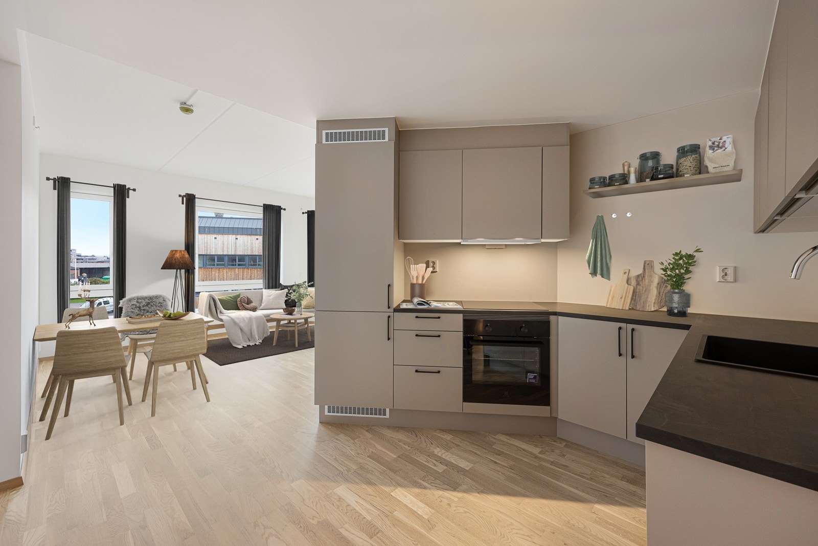 Kjøkkenet er fra HTH og i en lekker beige nyanse. Rommet har digital styling på bildet for å illustrere forslag til innredning. Galleribilde