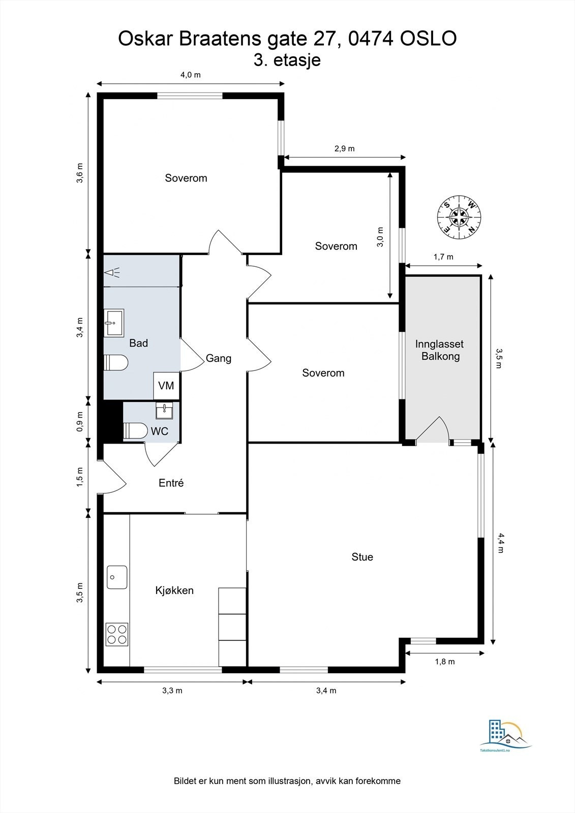 Plantegning | Leiligheten har en optimal intern beliggenhet på hjørne av bygget, i 3.etg, med en meget praktisk og funksjonell planløsning. Galleribilde