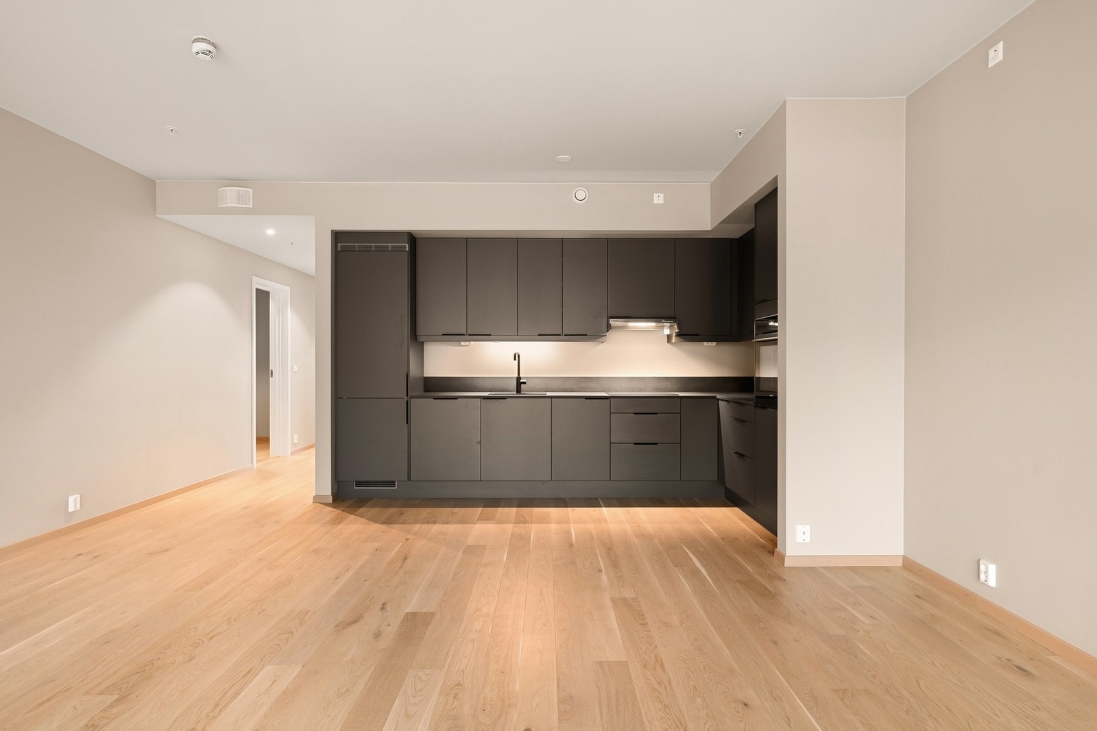 Kjøkkenet ligger åpent, men tilbaketrukket i rommet Galleribilde