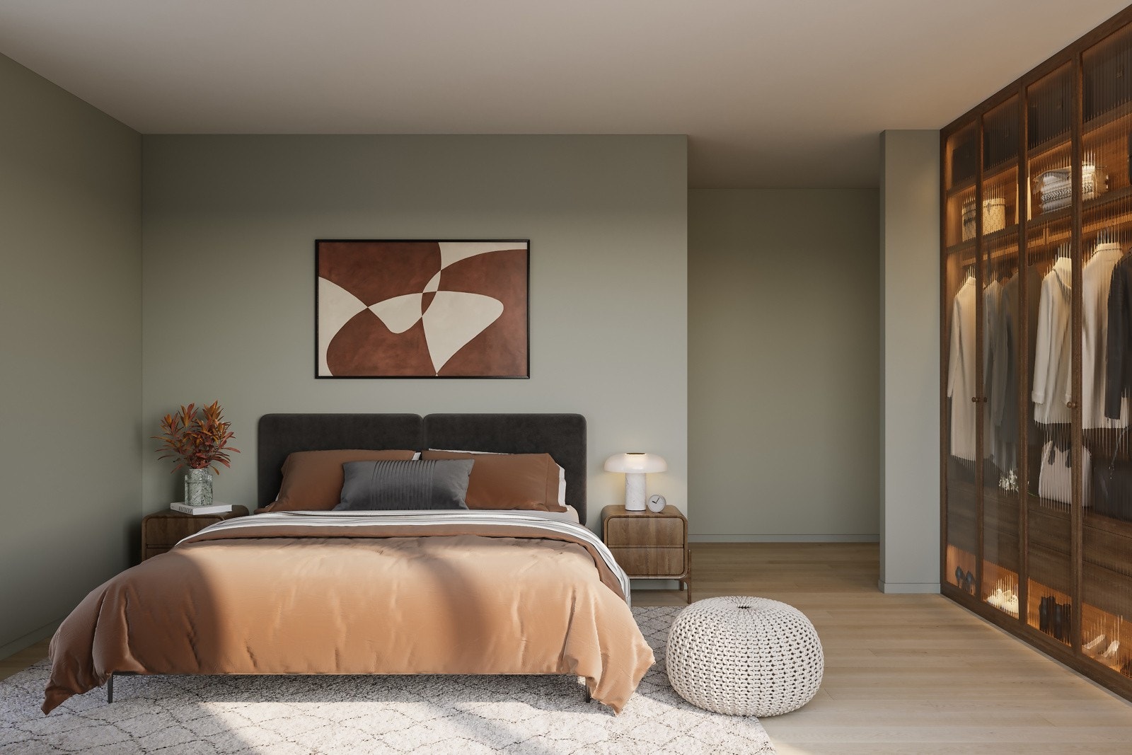 Soverommene er romslige og er på hhv. 16,7 og 8,3 kvm Hovedsoveromme har eget in-suite løsning. Nb: 3D illustrasjon viser soverom fra leilighet i 4. etasje, avvik vil forekomme. Galleribilde