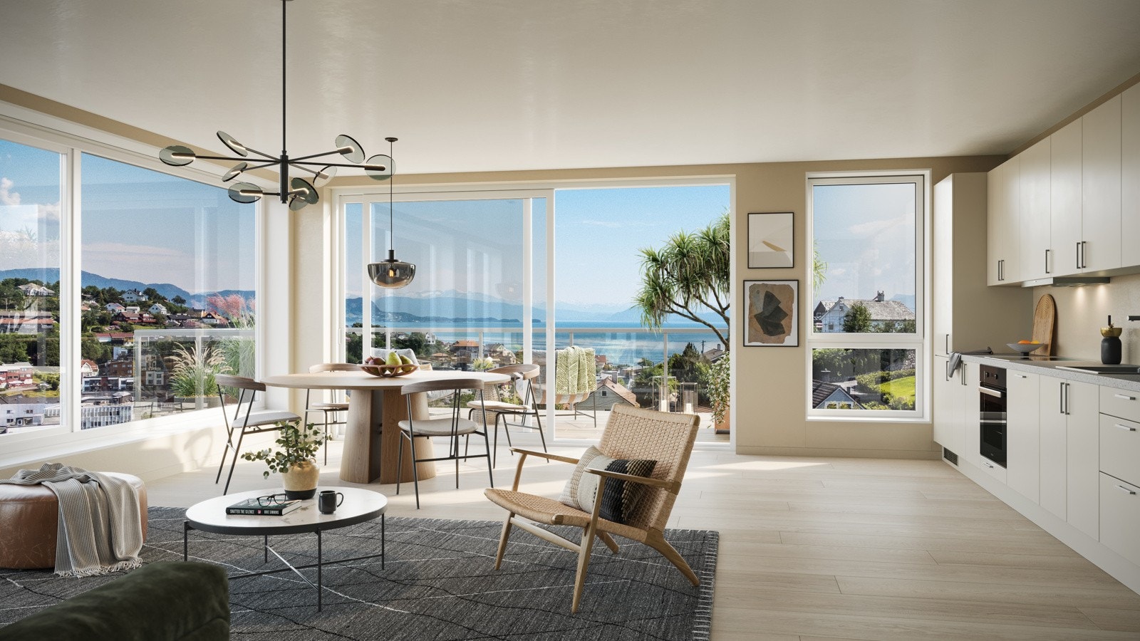 Fra stuen i leilighet C3-3 vil du få en fantastisk utsikt mot Os sentrum. Nb: 3D illustrasjon viser utsikt fra leilighet i 3. etasje i bygg A, avvik vil forekomme. Galleribilde