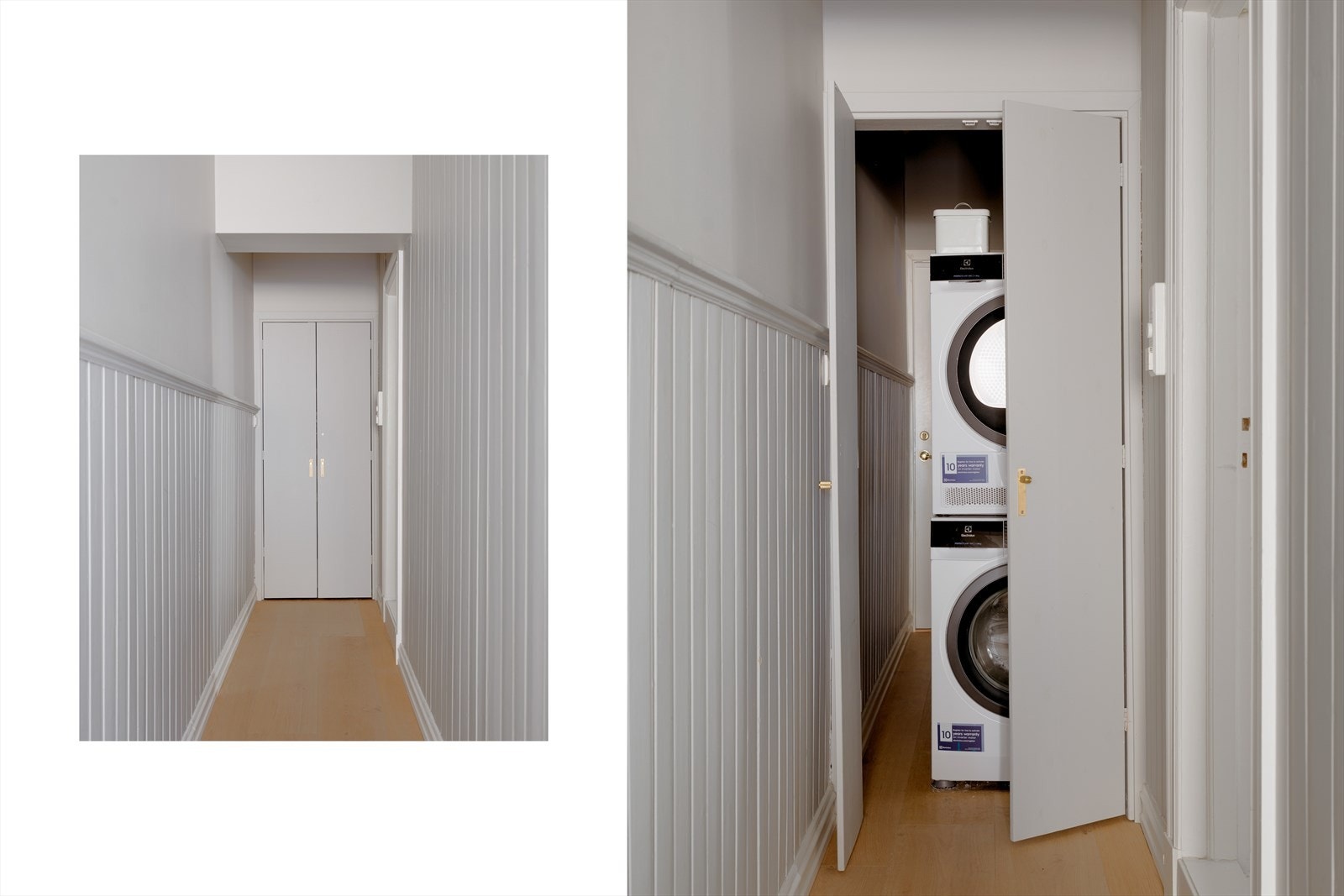 Vaskesøyle med vaskemaskin og tørketrommel er plassert i mellomgang/bod mellom hoveddel og hybel. Det er montert automatisk vannstopper. Galleribilde