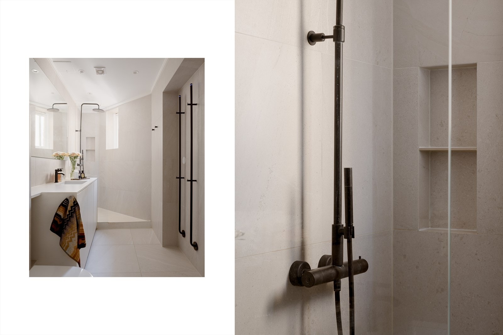 Rommet har en romslig dusjnisje med regnfallsdusj. Bred servantinnredning med god oppbevaringsplass og duggfritt, stort speil med varmeelementer. Elektriske håndkletørkere montert på vegg. Galleribilde