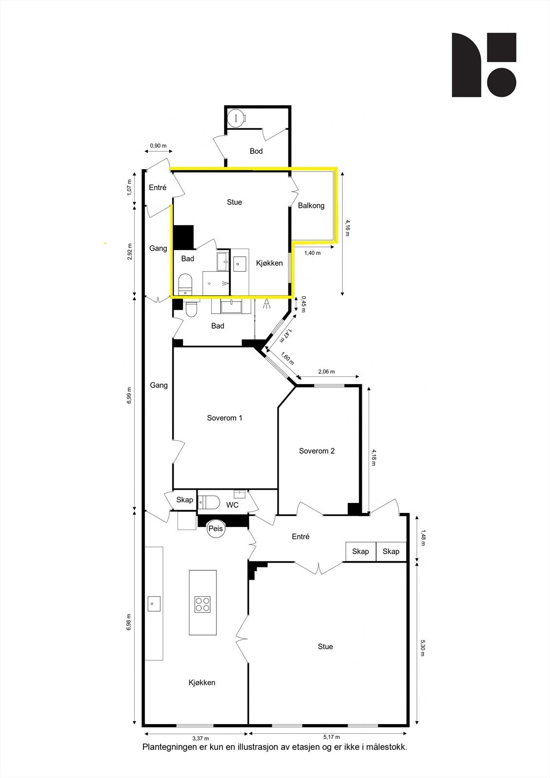 Hybel med egen inngang markert. Nåværende eier leier ut hybelen ut for kr. 15.500,- pr. mnd.- Leieforholdet kan tas over av kjøper. Galleribilde
