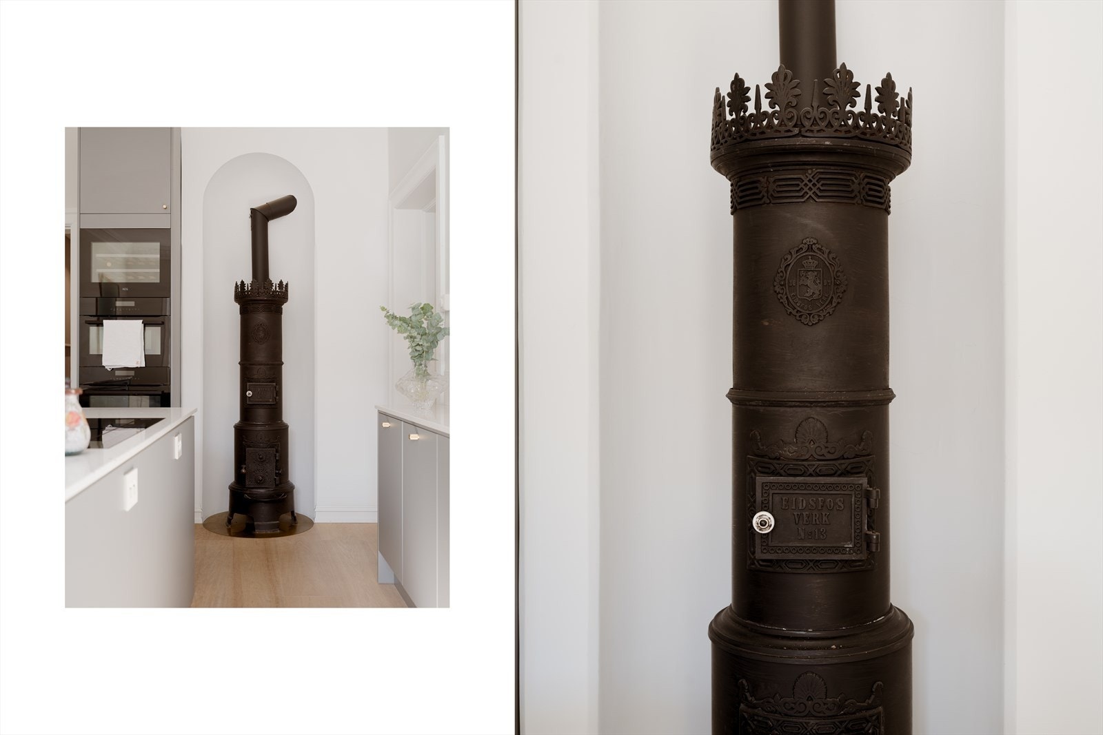 Kjøkkenet har også en klassisk rundovn som tilfører både varme, hygge og autentisitet til hjemmet. Galleribilde