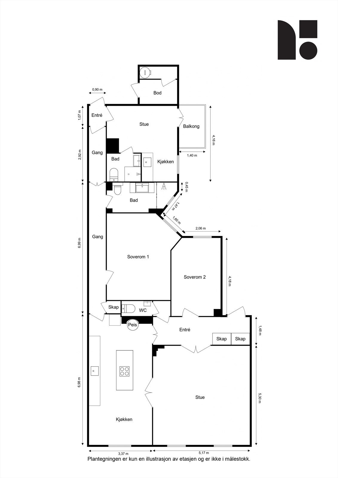 Planløsningen er gjennomtenkt og praktisk, med store rom og gode flater til ulike møbleringsmuligheter. Her har du også mulighet for skattefri leieinntekt ved å benytte den ene delen som hybel. Galleribilde