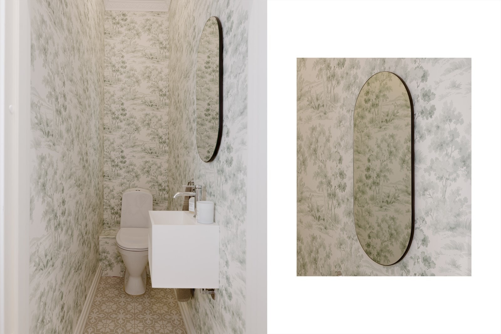 Fra entréen har du adkomst til eget toalettrom. Vakket kunsttapet på veggen gir en delikat og unikt uttrykk.
' Galleribilde