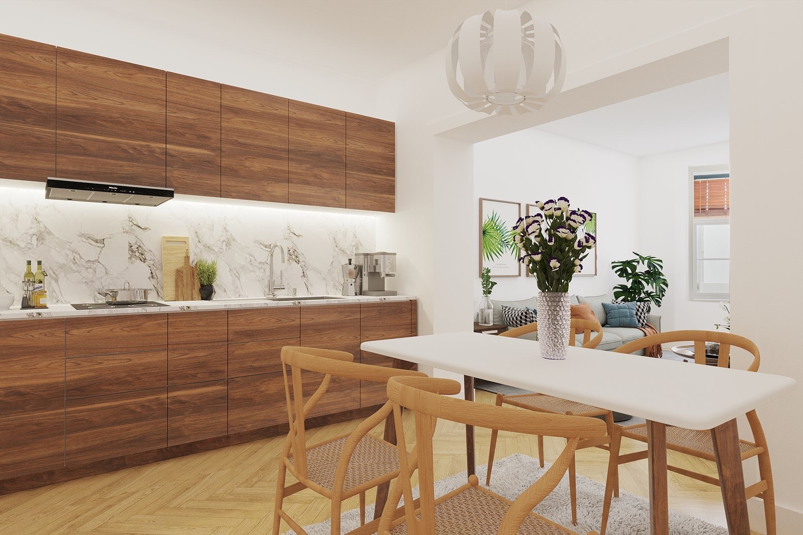Virtuell styling ved å flytte kjøkken ut i spisestue. Det anbefales å ha med byggkyndig person til å se på mulighetene. Alternativt kan kjøkkenet flyttes til dagens hovedsoverom (se alternativ planskisse). Galleribilde