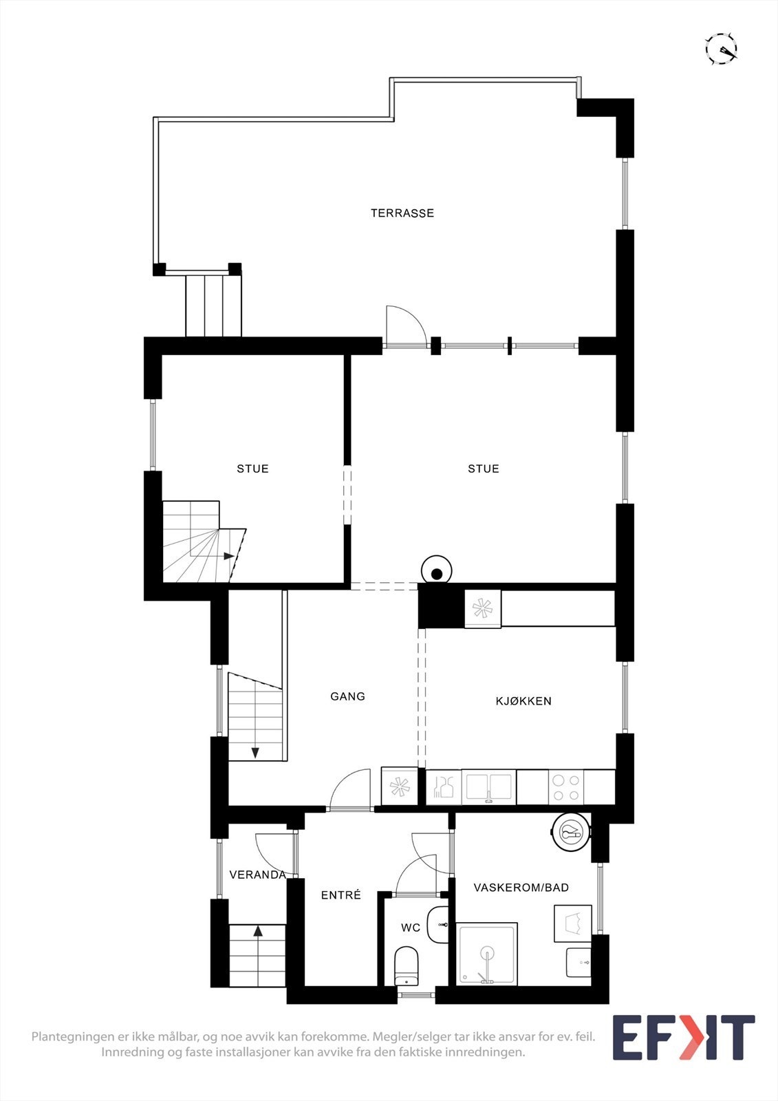 Plantegningen for første etasje viser en tradisjonell planløsning med stue, kjøkken, bad/vaskerom og toalettrom. Galleribilde