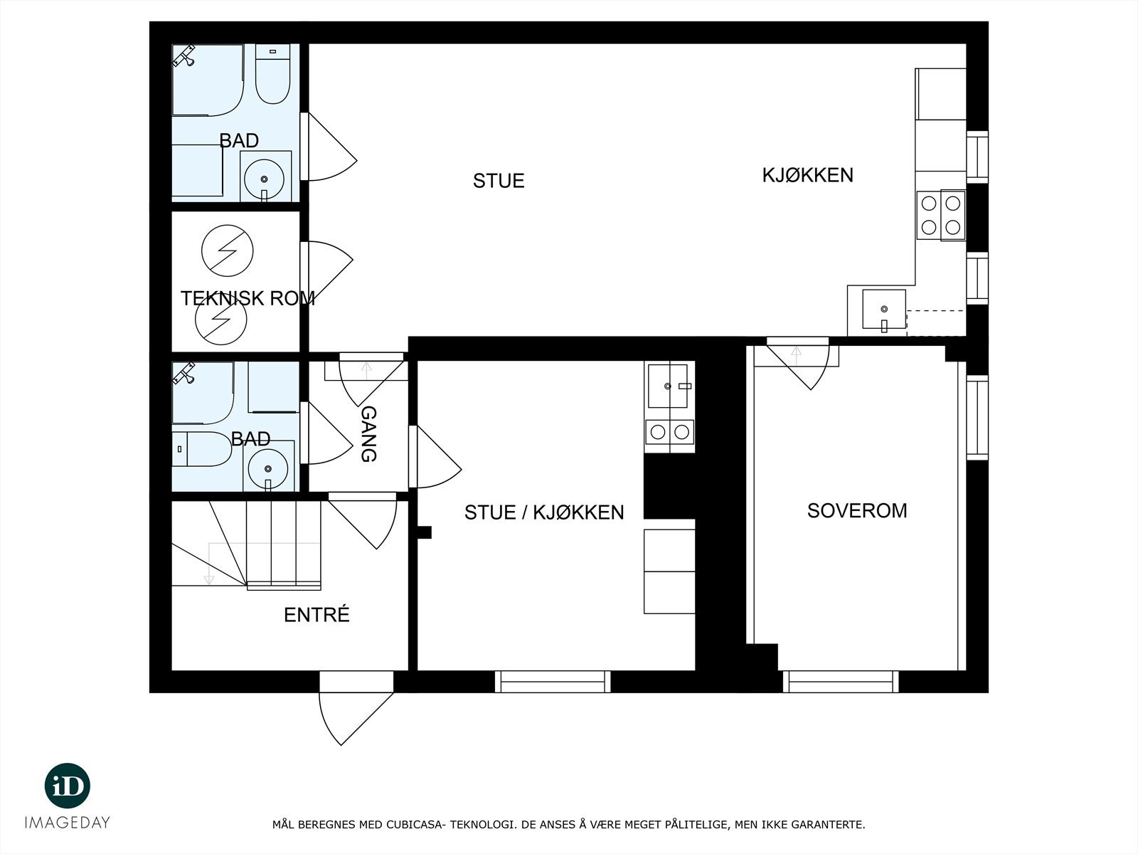 Plantegning underetasje - Det er etablert 2 hybelenheter i underetasjen (Ikke bruksendret/godkjent som utleie) I byggetegninger er rommene angitt som kjellerstue, 2 soverom og 2 bad Galleribilde