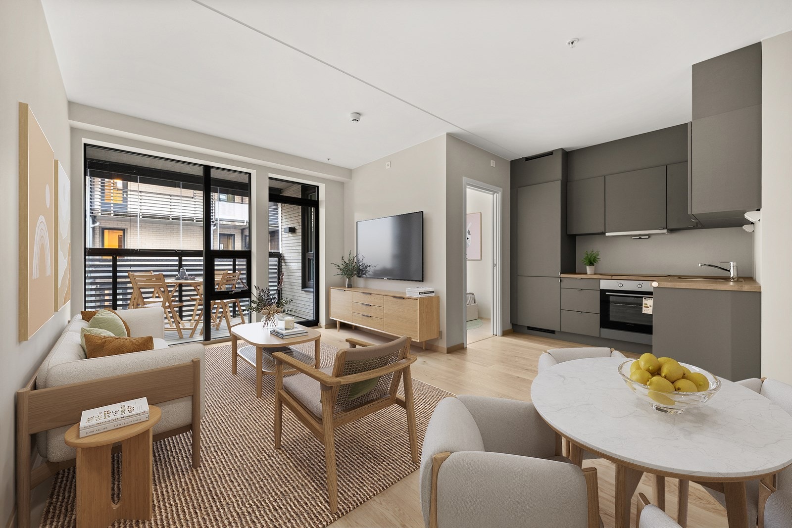 Stue med utgang til innglasset balkong (digital stylet) Galleribilde