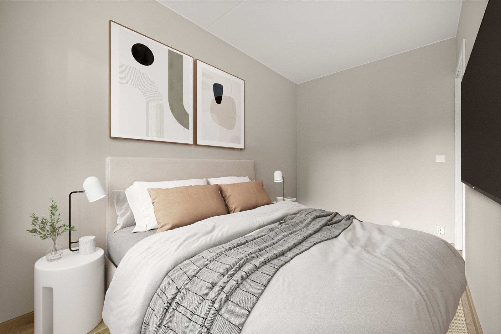 Leiligheten har to fine soverom - hovedsoverom med plassbesparende løsning. Bildet er digitalt stylet. Galleribilde