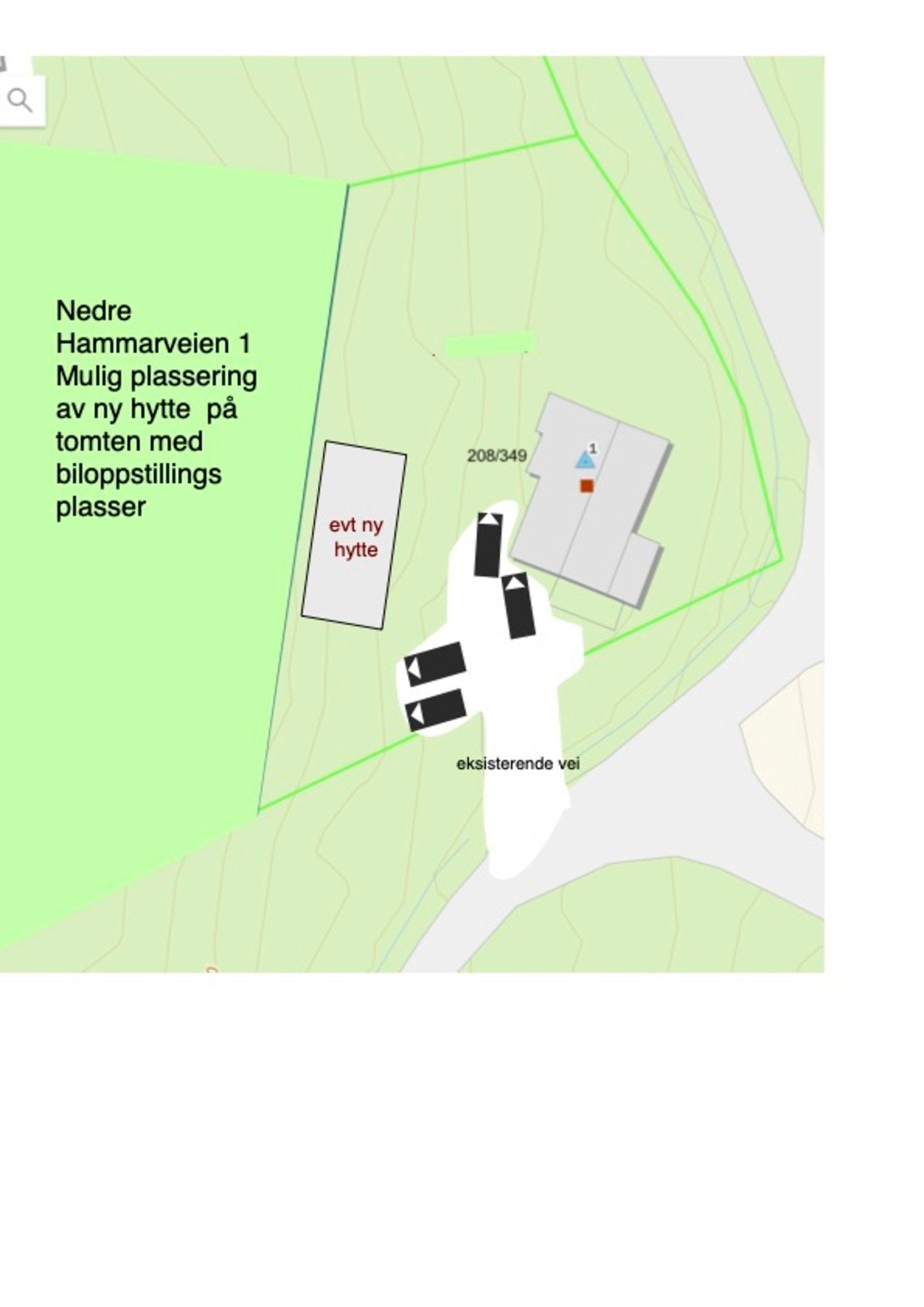 Nedre Hammarveien 1
evt ny mulig plassering
av ny hytte på tomten med
biloppstillingsplasser
Tegningen er kun ment som inspirasjon. Kjøper må selv søke kommunen Galleribilde
