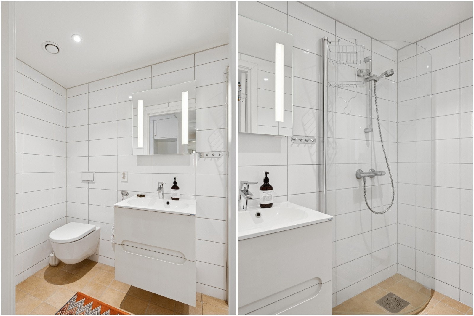 Bad 2 kombinerer komfort og design med dusjhjørne, vegghengt toalett og servantskap med slette fronter. Galleribilde