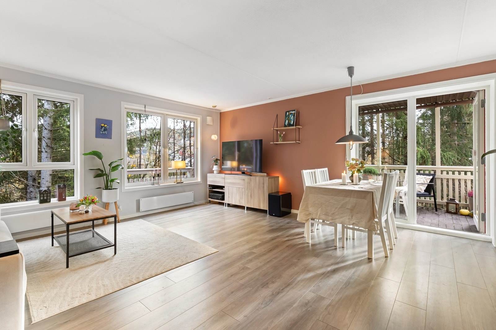 Stuen har plass for sofagruppe, TV-seksjon, spisegruppe og annet passende møblement Galleribilde