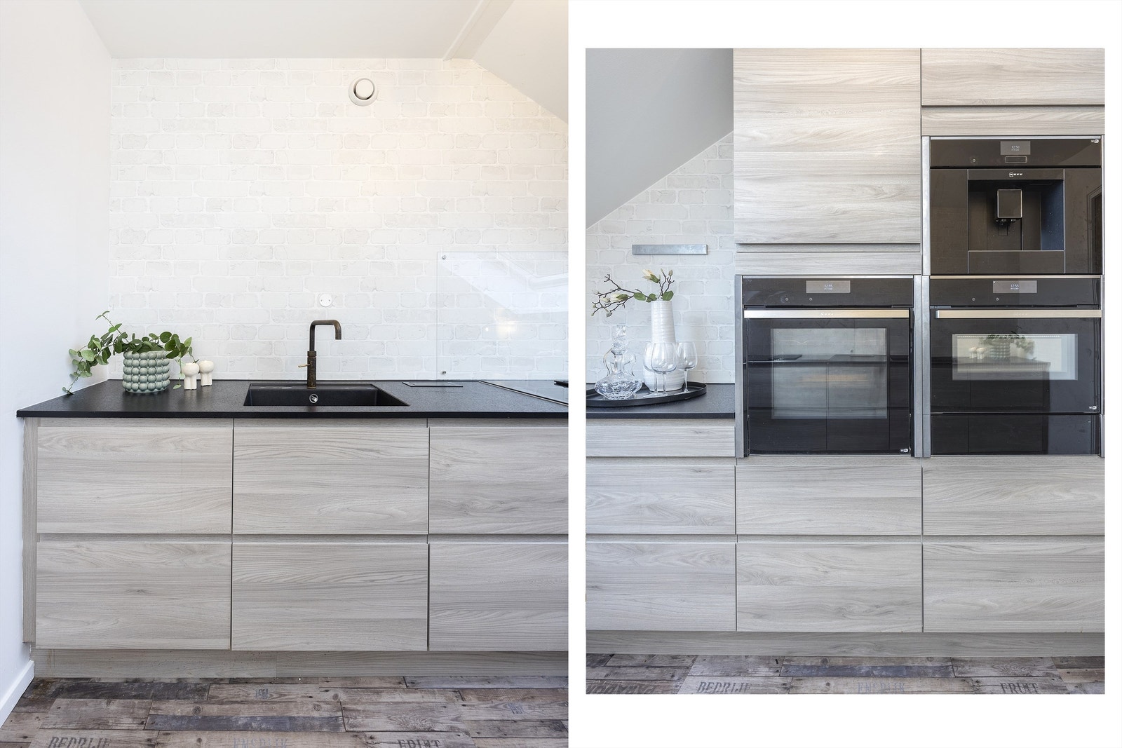 Kjøkkeninnredning med slette fronter fra 2020 benkeplater av laminat og planlimt oppvaskkum. Galleribilde